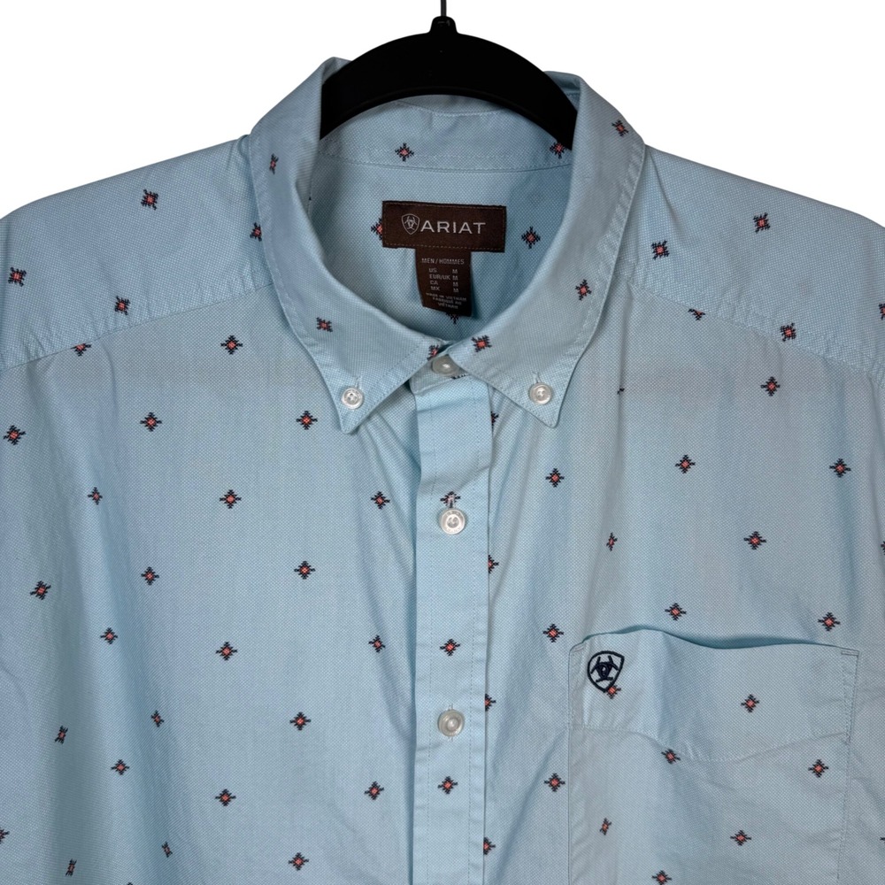 Ariat Royce Mens M Blue Geometric Diamond Western Short Sleeve Button Down Shirt - Picture 4 of 15